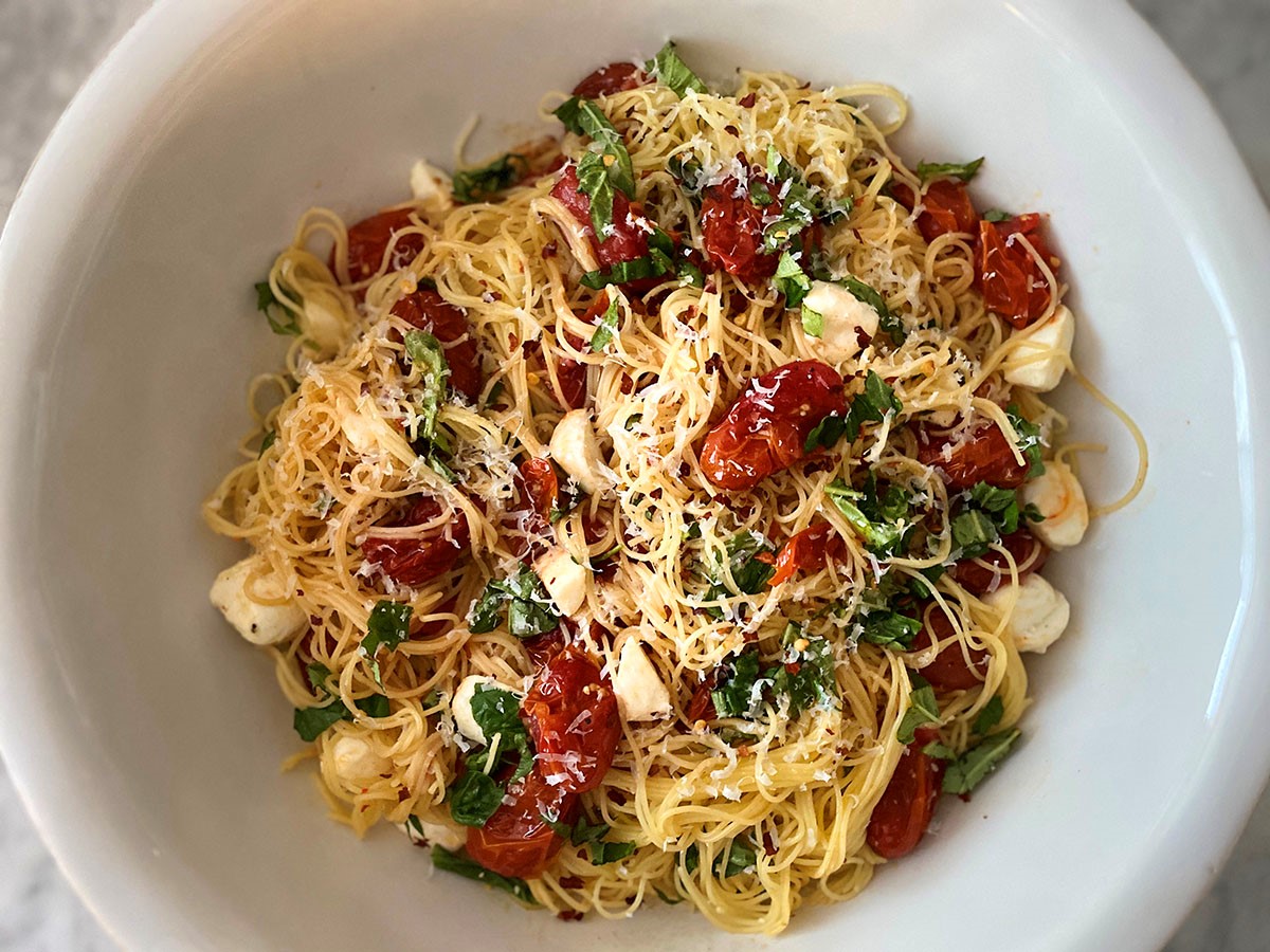 Angel Hair with Roasted Tomatoes Mozzarella and Basil The Buzz